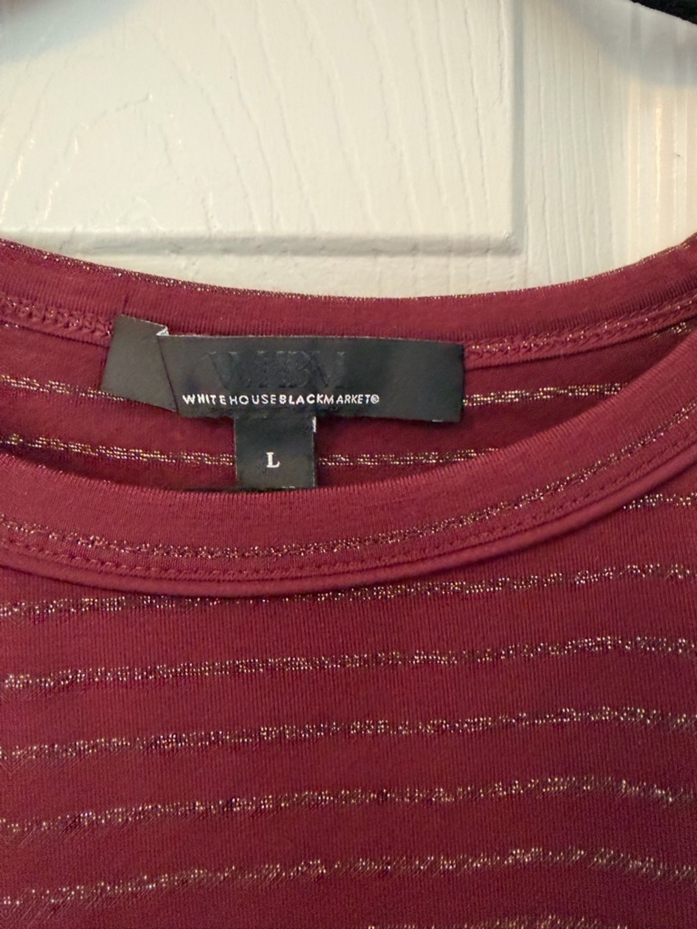 White House Black Market Burgundy Metallic-Striped Puff-Sleeve Top - Picture 3 of 3
